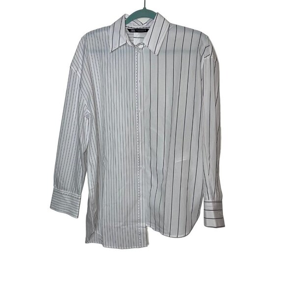 Zara Tops - Zara Womens Shirt Size XS White Black Striped Oversized Asymmetrical Cotton